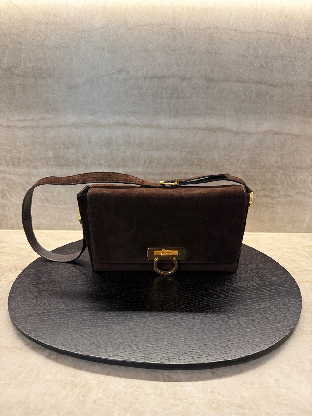Ferragamo Dark Brown Suede Crossbody Bag with Gold Gancini Hardware